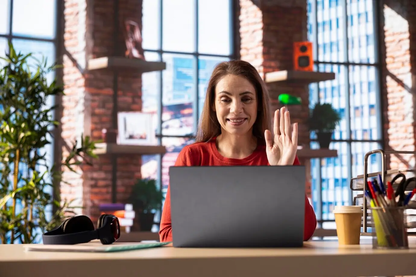 Candidate taking part in an online job interview via remote teleconference